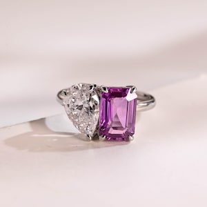 IGI Certified Toi et Moi Pear Lab Grown Diamond & Emerald Cut Lab Grown Purple Sapphire Engagement Ring, Solid Gold D/VS1 Diamond Ring