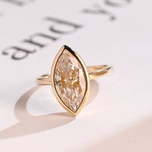 Solid Gold Marquise Moissanite Engagement Ring/ Vintage Bezel Ring/ Minimalist Ring/ Proposal Ring/ Promise Ring/ Birthday Gift For Women