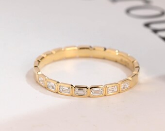 Emerald Cut Lab Grown Diamond Wedding Band, Solid Gold D/VS1 Diamond Half Eternity Bezel Matching Band, Bridal Gift for Women/ Her/ Wife