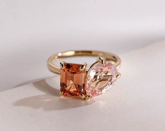 Toi et Moi Ring, Solid Gold Emerald Cut Orange Sapphire & Pear Cut Pink Sapphire Engagement Ring, Two Stone Ring, Gift for Women, Wife