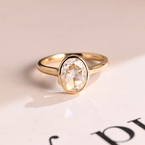 Solid Gold Rose Cut Oval Moissanite Engagement Ring with Bezel, Promise Ring, Proposal Ring, Anniversary/ Birthday Gift for Women/ Her
