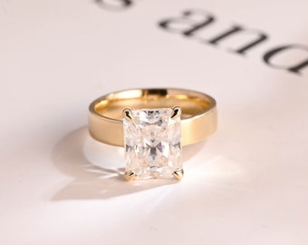 Radiant Moissanite Engagement Ring, 14K Solid Gold 4mm Wide Band Bridal Ring, Promise Ring, Proposal Ring, Anniversary/ Birthday Gift