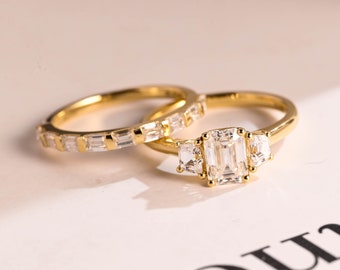 Emerald Cut Moissanite Wedding Band Set, Moissanite Engagement Ring, Matching Band Set/ Anniversary Gift for Women/ Birthday Gift for Her