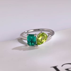 Toi et Moi Lab Grown Emerald & Lab Grown Pear Olivine Engagement Ring, Solid Gold Two Stone Wedding Ring, Birthday Gift for Her