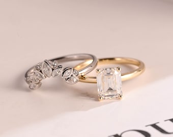 Emerald Cut Moissanite Wedding Band Set, Moissanite Engagement Ring Set, Matching Band Set/ Anniversary Gift/ Birthday Gift for Her