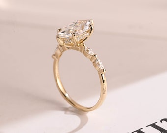 18K Solid Gold Marquise Cut Moissanite Engagement Ring with Hidden Halo & Side Stones, Anniversary Gift for Women, Birthday Gift for Her