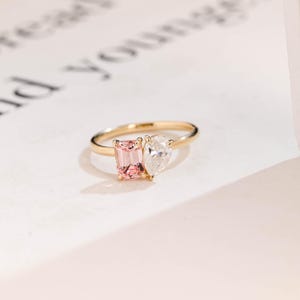 Solid Gold Toi et Moi Ring, Emerald Cut Pink Lab Grown Sapphire & Pear Cut Moissanite Engagement Ring, Two Stone Ring, Best Gift for Woman