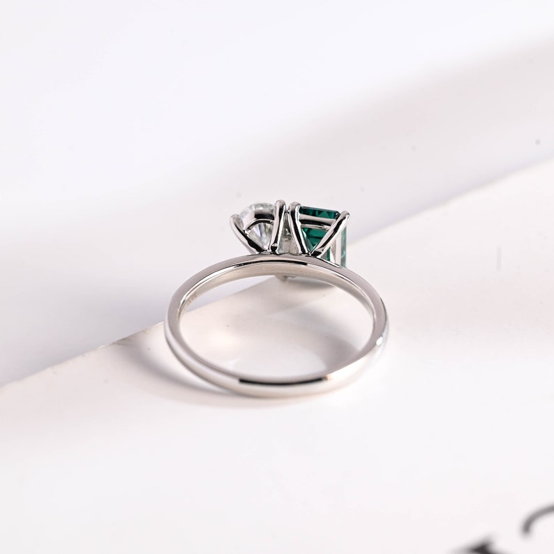 Solid Gold Toi et Moi Ring, Green Emerald Cut Moissanite & Pear Cut Moissanite Engagement Ring, Two Stone Ring, Best Gift for Woman, Wife image 8