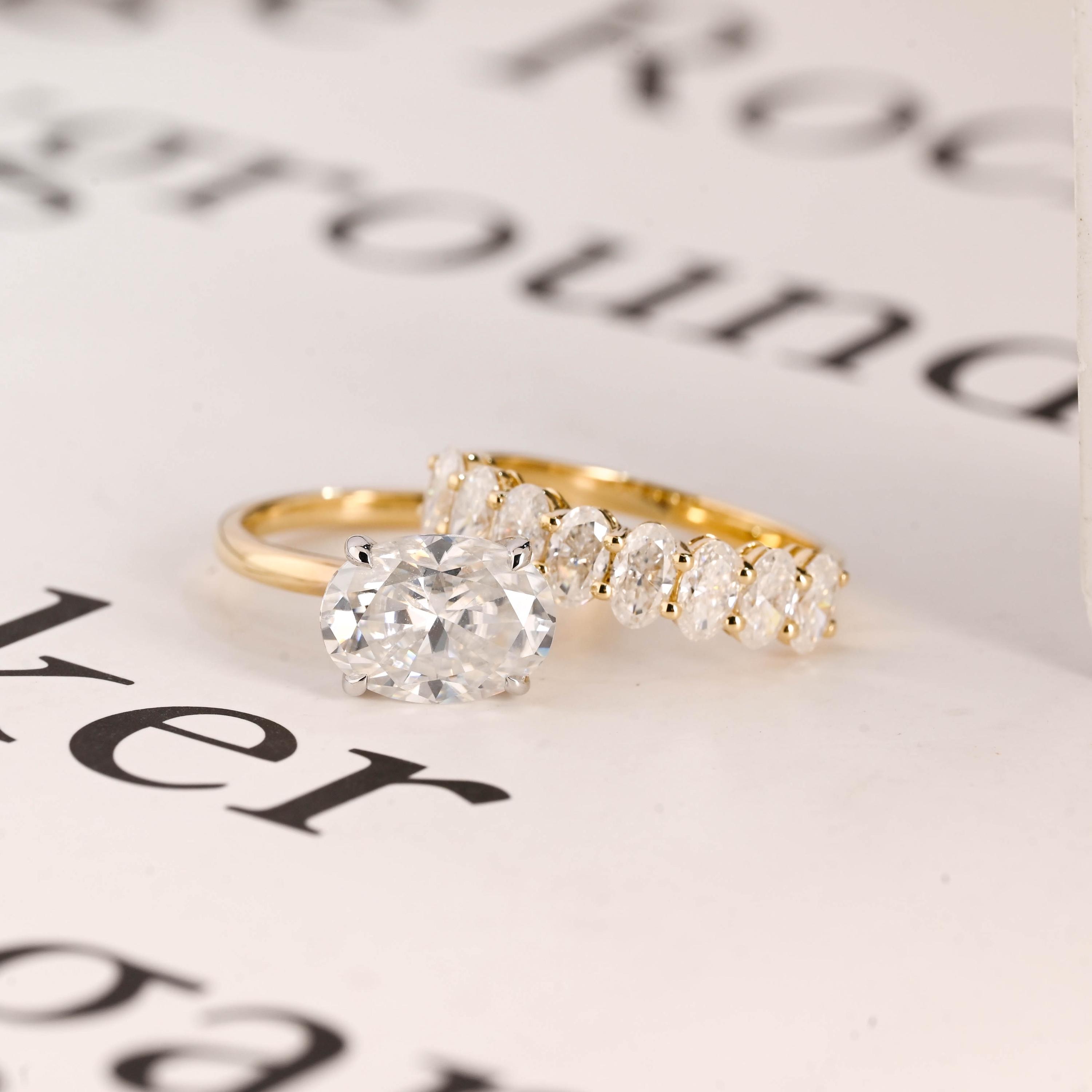 Solid Gold Two Tone Oval Moissanite Engagement Ring Set, RS-0719-7