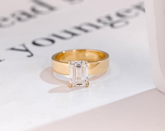 IGI Certified Emerald Cut Lab Grown Diamond Engagement Ring, Solid Gold D/VS1 Diamond 4mm Wide Band Promise Ring, Anniversary Gift
