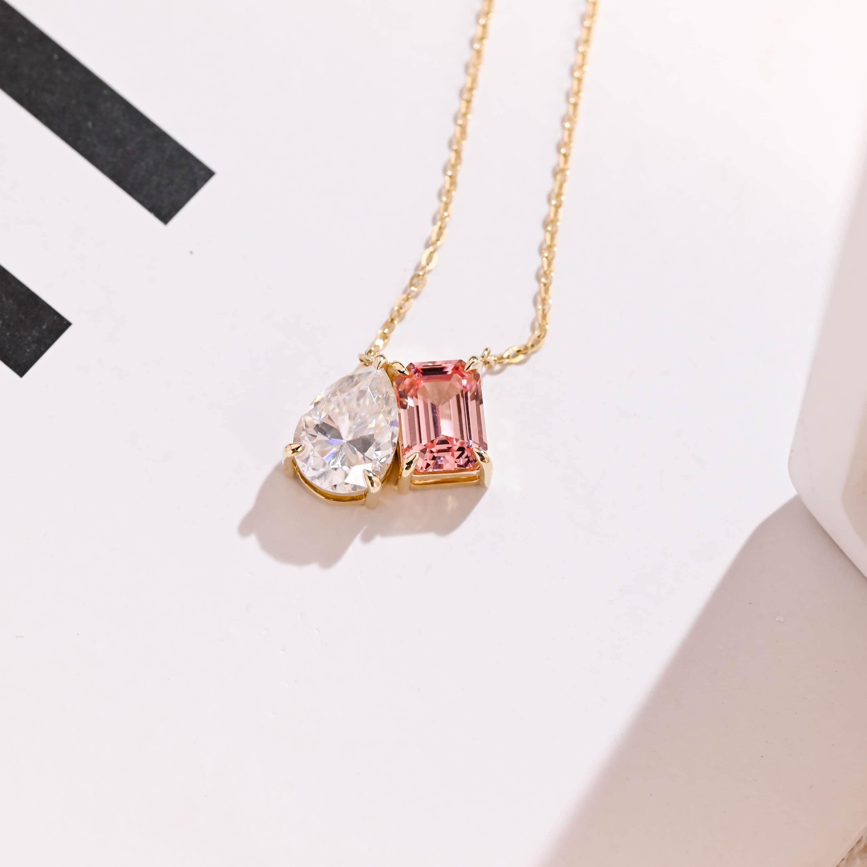 Toi et moi Pear Cut Moissanite & Emerald Cut Pink Lab Grown Sapphire Pendant Necklace, Solid Gold Two Stone Necklace, Valentine's Day Gift