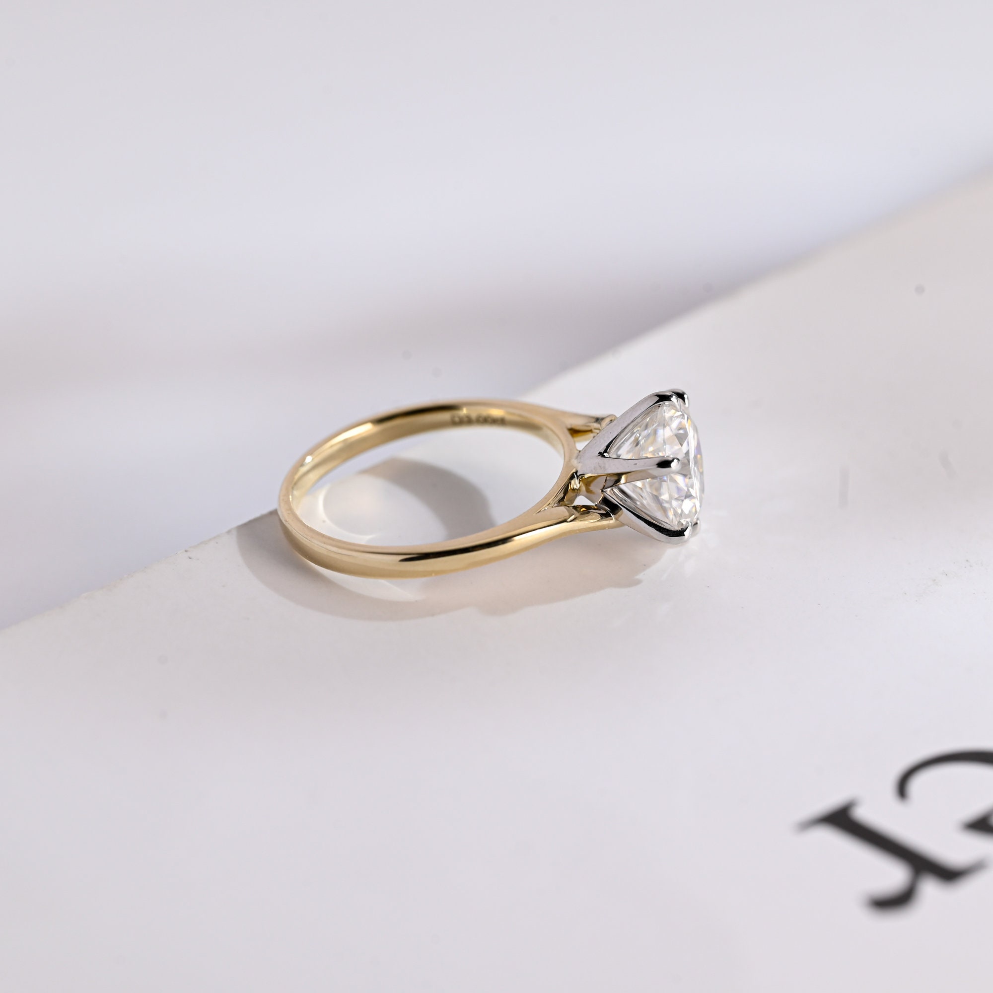Solid Gold Minimalist Two Tone Round Cut Moissanite Engagement 
