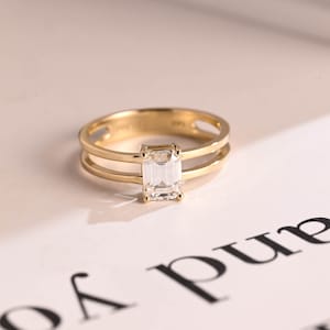 Massief gouden smaragd geslepen moissaniet verlovingsring, dubbele band beloftering, voorstelring, jubileumcadeau, verjaardagscadeau voor vrouwen, haar