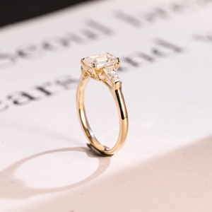Solid Gold Emerald Cut Moissanite Engagement Ring with Trapezoid Accent/ Minimalist Three Stone Promise Ring/ Anniversary Gift for Her image 6
