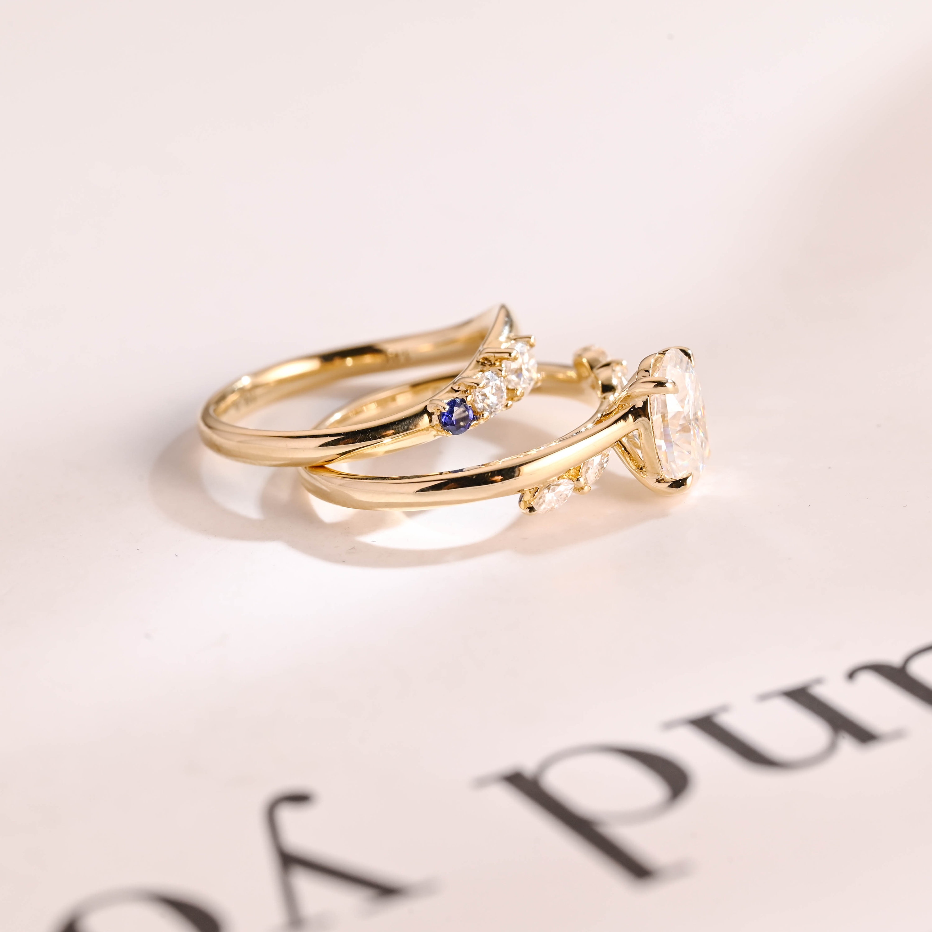 Solid Gold Oval Cut Moissanite Engagement Ring and Wedding Band Set ...