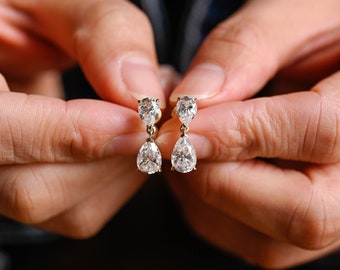 Solid Gold Pear Cut Moissanite Studs, Earrings for Her, MR-370