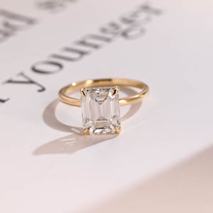 Emerald Cut Moissanite Engagement Ring With Hidden Halo/ Anniversary Gift/ Solid Gold Promise Ring / Birthday Gift for Her, Wife, Girlfriend