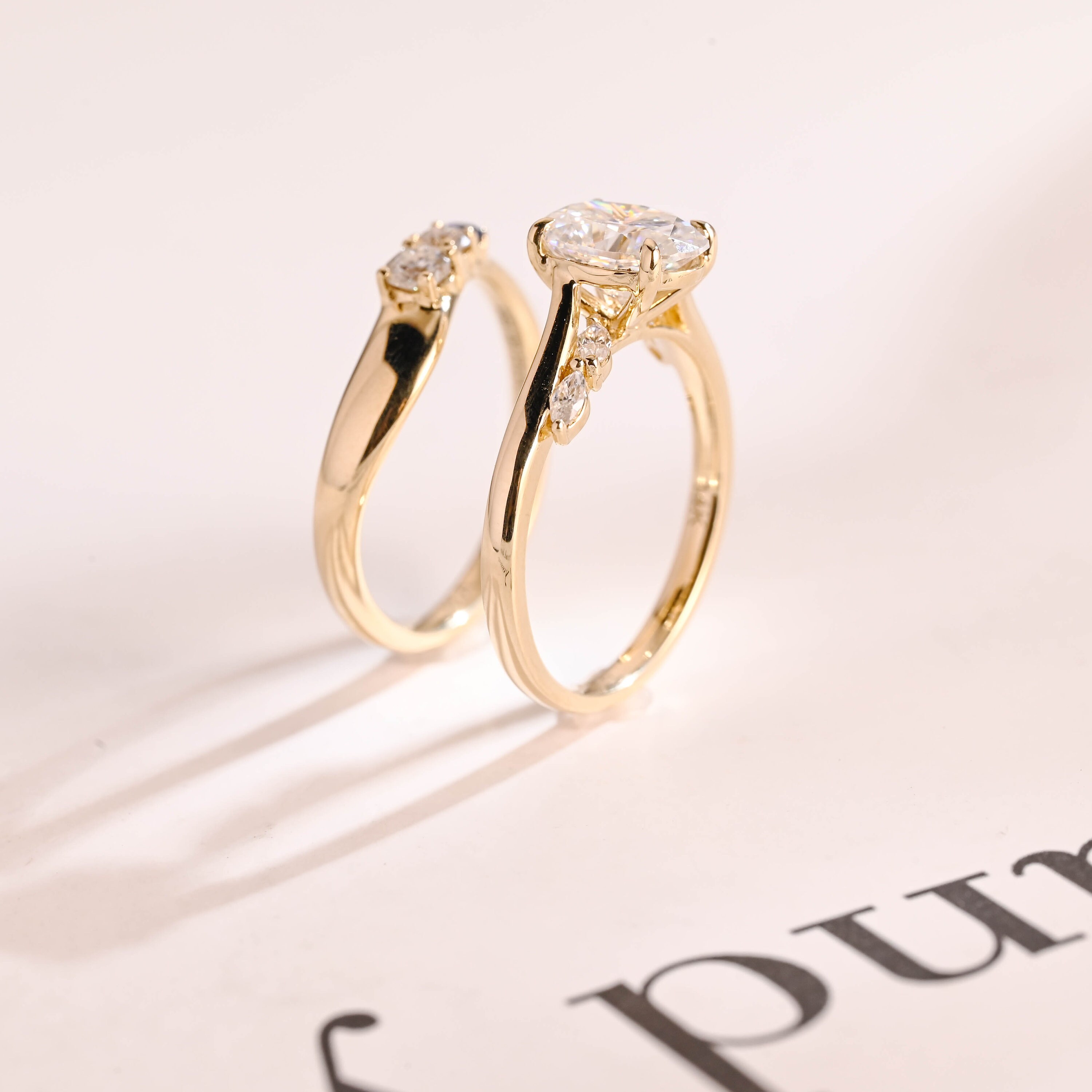 Solid Gold Oval Cut Moissanite Engagement Ring and Wedding Band Set ...