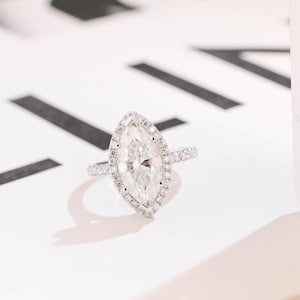 Handcrafted 18K Solid Gold Marquise Moissanite Ring, Halo Cathedral Setting, Engagement Ring, Proposal Ring, Birthday Gift for Her