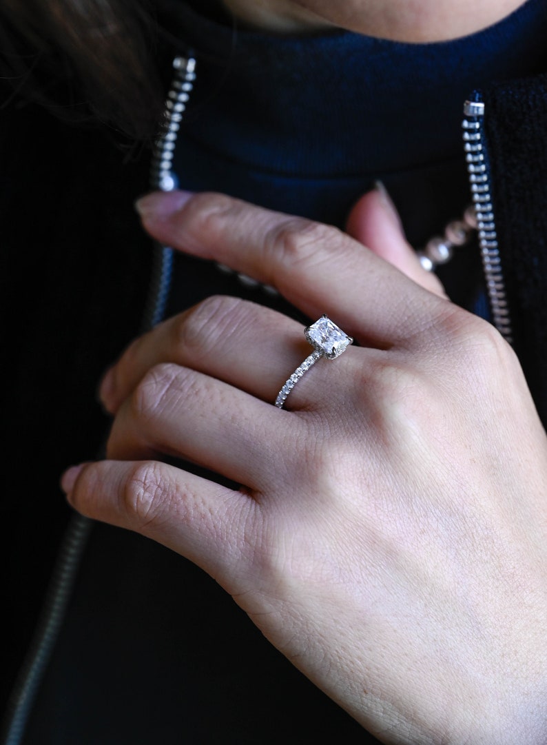 9K/14K/18K Solid Gold Radiant Cut Moissanite Engagement Ring/ Anniversary Gift for Women/ Half Pave & Hidden Halo Promise Ring for Her image 4