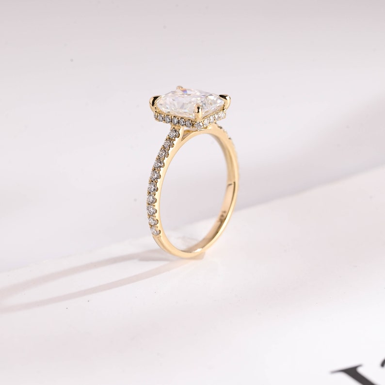 9K/14K/18K Solid Gold Radiant Cut Moissanite Engagement Ring/ Anniversary Gift for Women/ Half Pave & Hidden Halo Promise Ring for Her image 6
