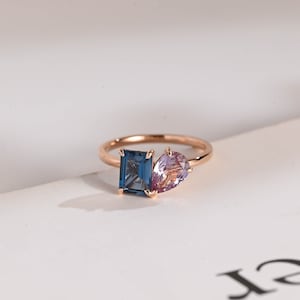 Toi et Moi Emerald Cut Topaz & Pear Cut Alexandrite Engagement Ring, Solid Gold Two Stone Wedding Ring, Birthday Gift for Her