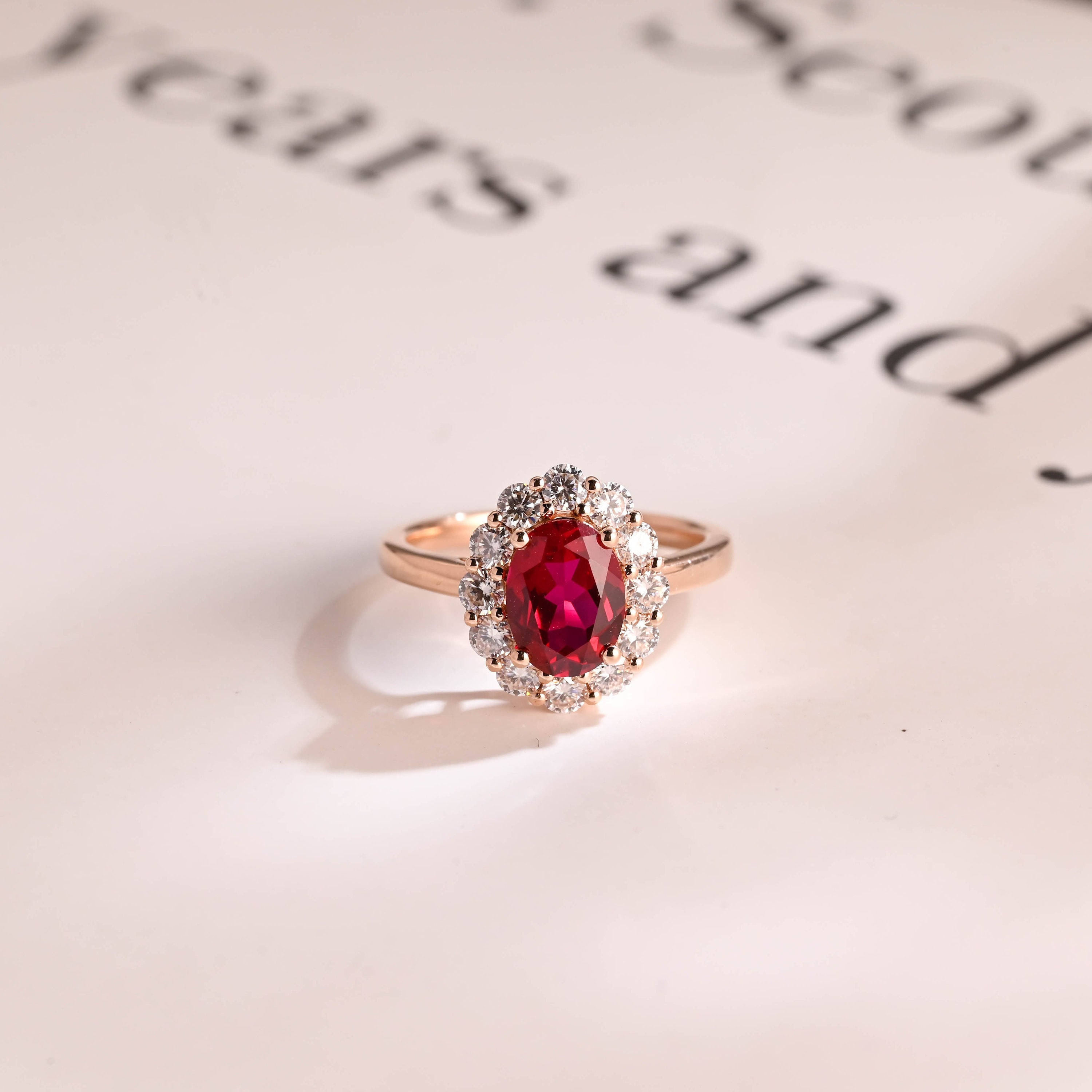 9K/14K/18K Solid Gold Lab Created Oval Cut Ruby Engagement Ring, Cluster & Halo Ring, Promise Ring for Her, Anniversary Gift for Women