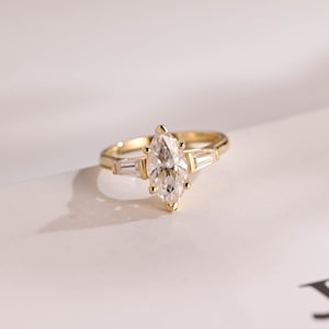 Solid Gold Three Stone Ring, Marquise Moissanite Engagement Ring, Dainty Proposal Ring, Promise Ring, Anniversary Gift for Women