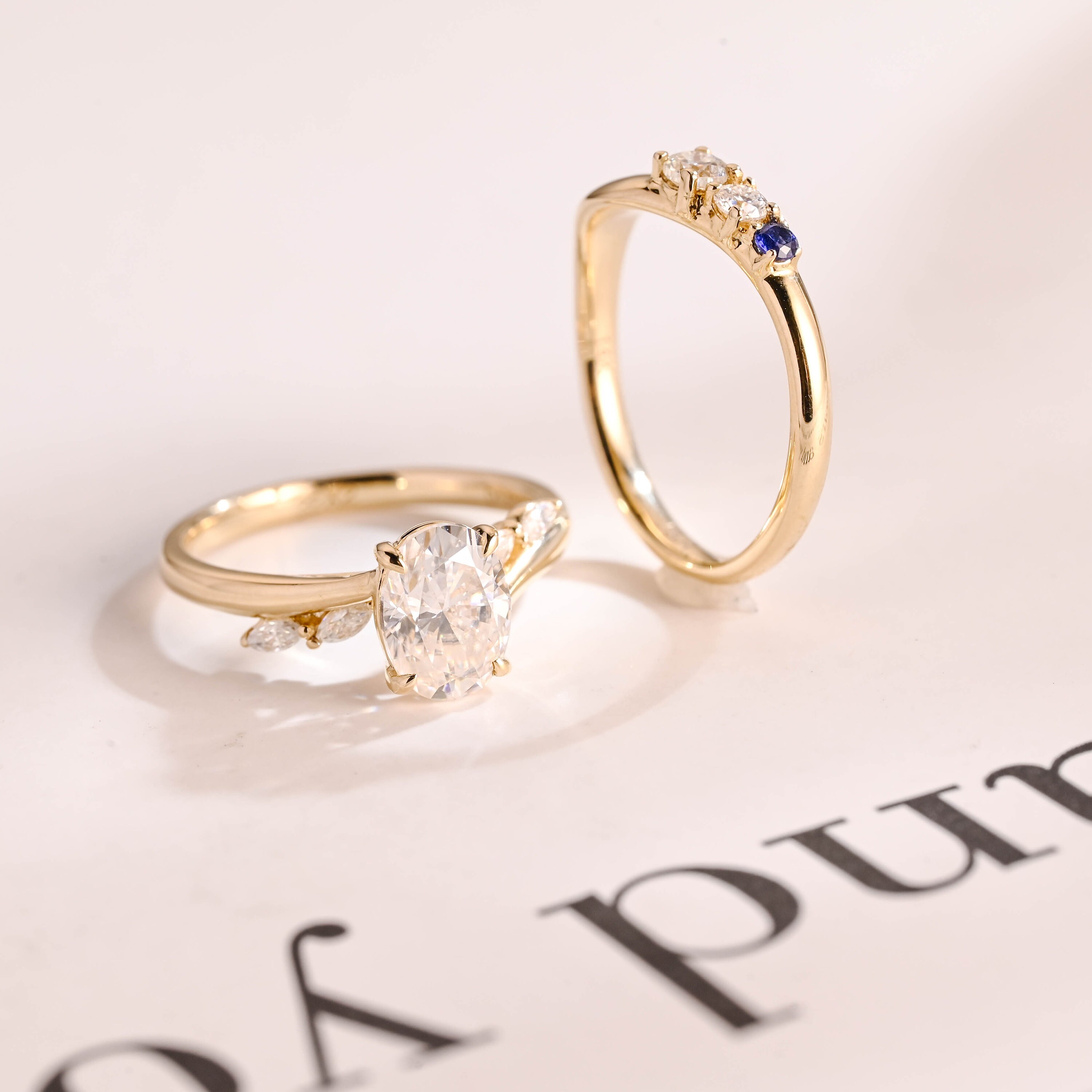 Solid Gold Oval Cut Moissanite Engagement Ring and Wedding Band Set ...