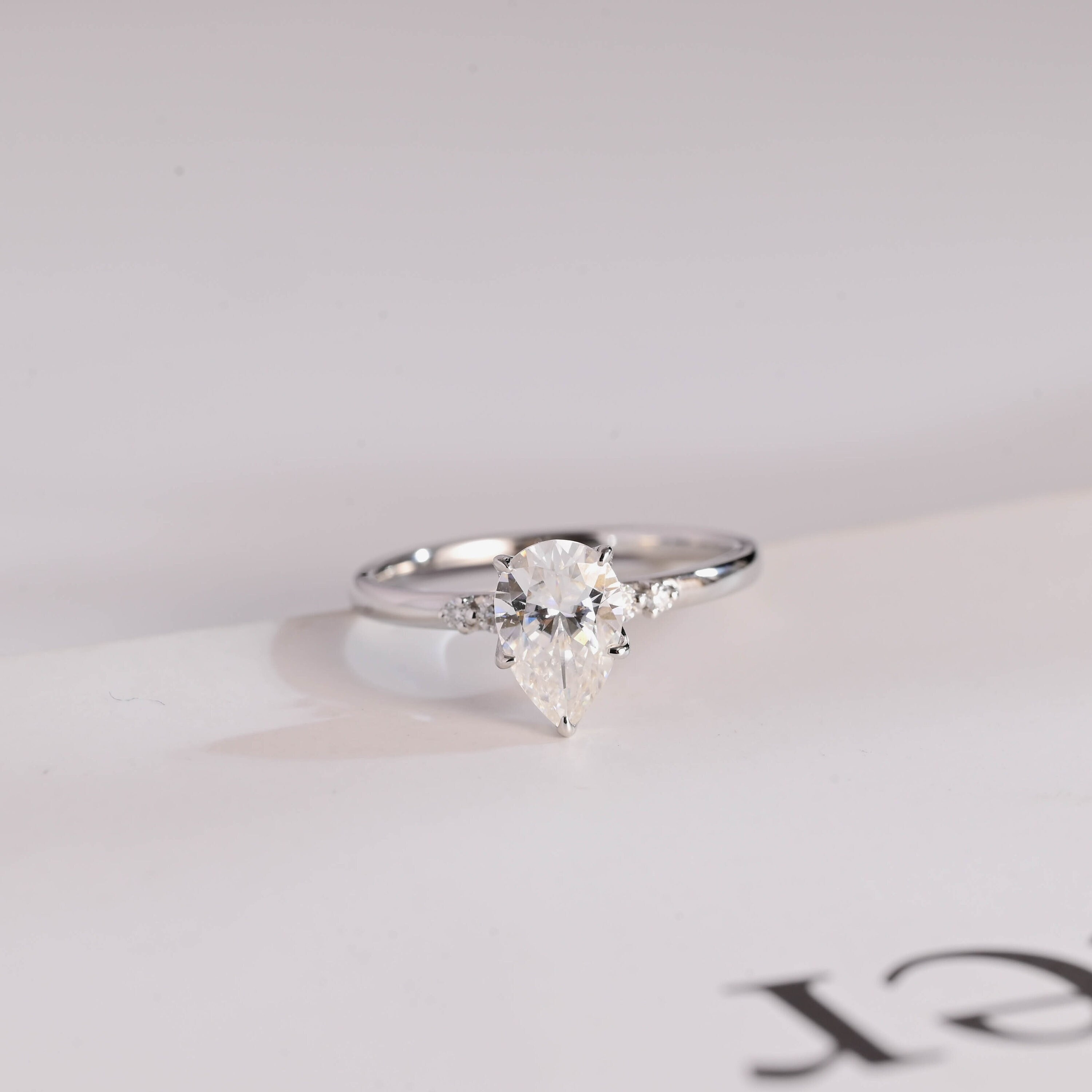 Platinum Solid Gold Pear Cut Moissanite Engagement Ring with Side Stone/ Promise Ring for Her/ Anniversary Gift for Women/ Birthday Gift