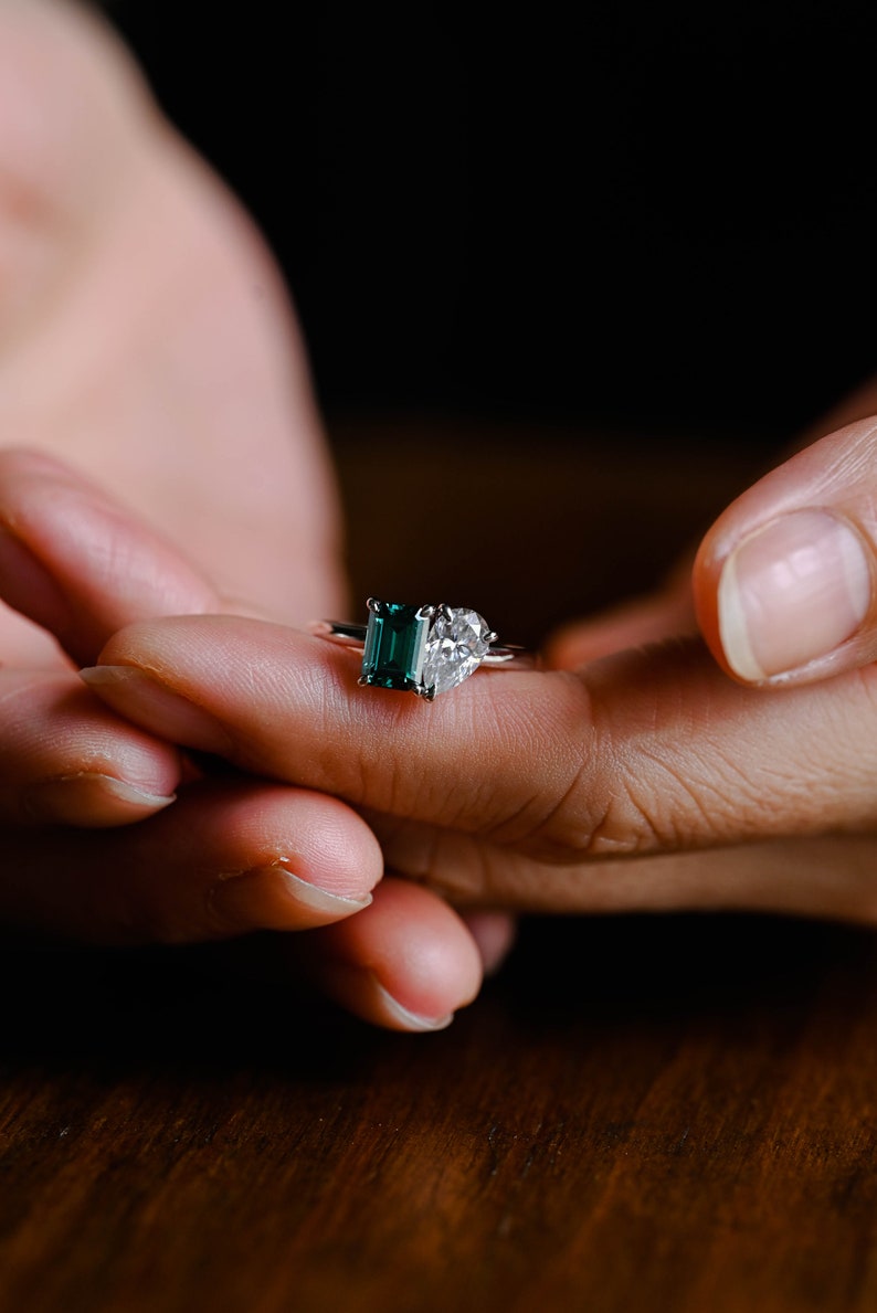 Solid Gold Toi et Moi Ring, Green Emerald Cut Moissanite & Pear Cut Moissanite Engagement Ring, Two Stone Ring, Best Gift for Woman, Wife image 3