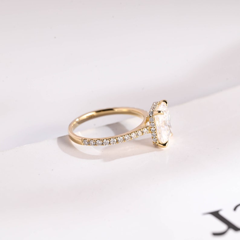 9K/14K/18K Solid Gold Radiant Cut Moissanite Engagement Ring/ Anniversary Gift for Women/ Half Pave & Hidden Halo Promise Ring for Her image 8