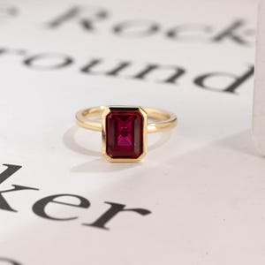 Solid Gold Bezel Emerald Cut Lab Grown Ruby Engagement Ring, Promise Ring, RS-805