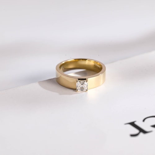 Massief gouden 5 mm Asscher-geslepen moissaniet-trouwring voor heren, RS-108