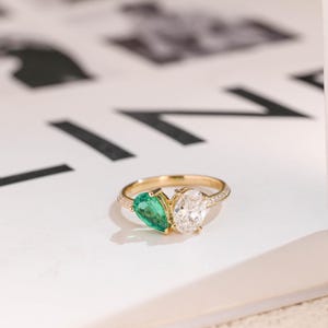 Solid Gold Toi et Moi Ring, Pear Lab Grown Emerald and Oval Moissanite Engagement Ring, Two Stone Ring, Birthday Gift for Women