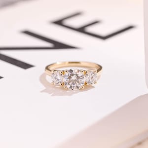 Three Stone Round Cut Moissanite Engagement Ring with Bar/ 9K/14K/18K Solid Gold Promise Ring for Women/ Anniversary Gift for Her