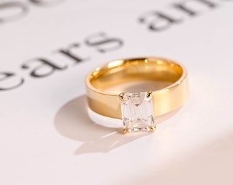 Solid Gold  5mm Band Emerald Cut Moissanite Engagement Ring, Promise Ring for Her, RS-493B