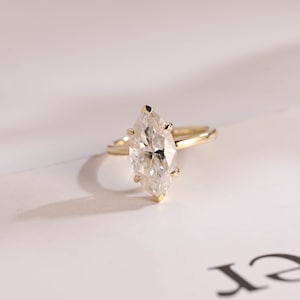 Solid Gold Marquise Moissanite Engagement Ring, Dainty Hidden Halo Ring, Minimalist Ring, Proposal Ring, Promise Ring, Birthday Gift