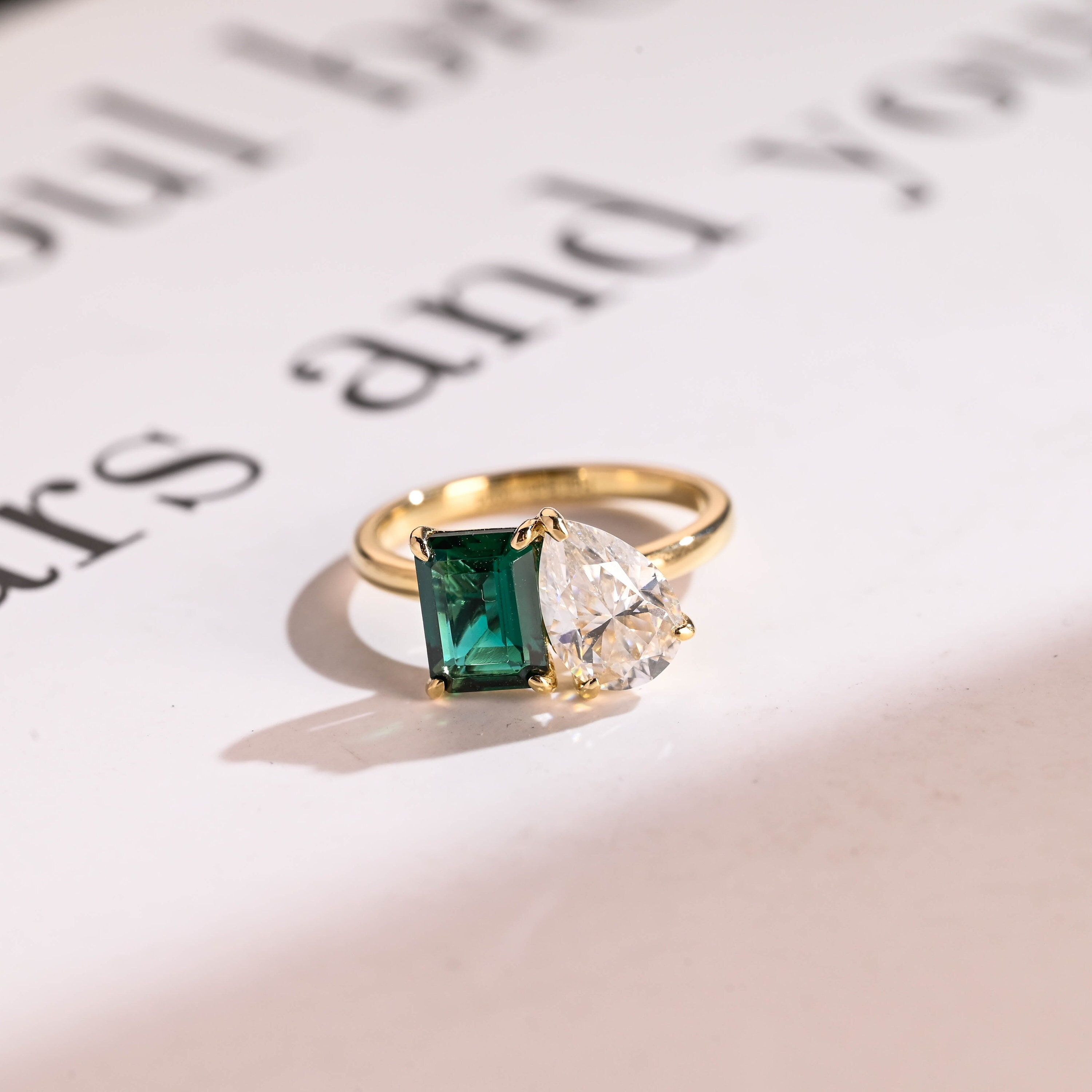 Toi et Moi 18K Solid Gold Lab Grown Emerald & Pear Cut Clear Moissanite Engagement Ring/ Double Stone Wedding Ring/ Gift for Girlfriend