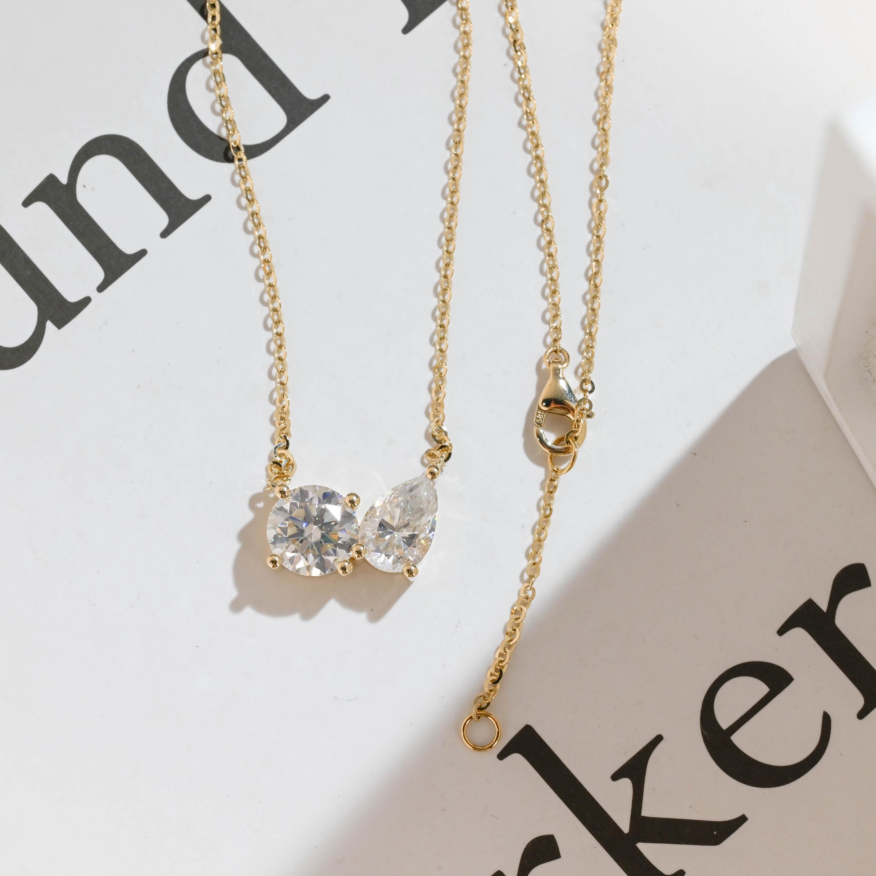 Solid Gold Toi et Moi Moissanite Pendant, Round and Pear Cut Double Stone Necklace, Dainty Anniversary or Birthday Gift, Everyday Jewelry
