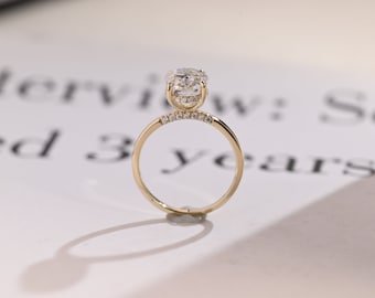 Solid Gold Oval Moissanite Verlobungsring, 14K versteckter Halo Ring, Vorschlag, Versprechen, Jahrestag oder Geburtstagsgeschenk für Sie, Frauen, Frau