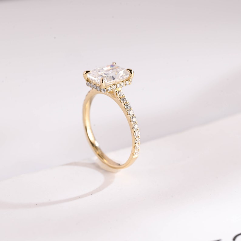 9K/14K/18K Solid Gold Radiant Cut Moissanite Engagement Ring/ Anniversary Gift for Women/ Half Pave & Hidden Halo Promise Ring for Her image 5