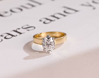 Solid Gold Two-Tone Oval Cut Moissanite Engagement Ring, Cathedral Solitaire Promise Ring, Proposal, Anniversary & Birthday Gift for Women