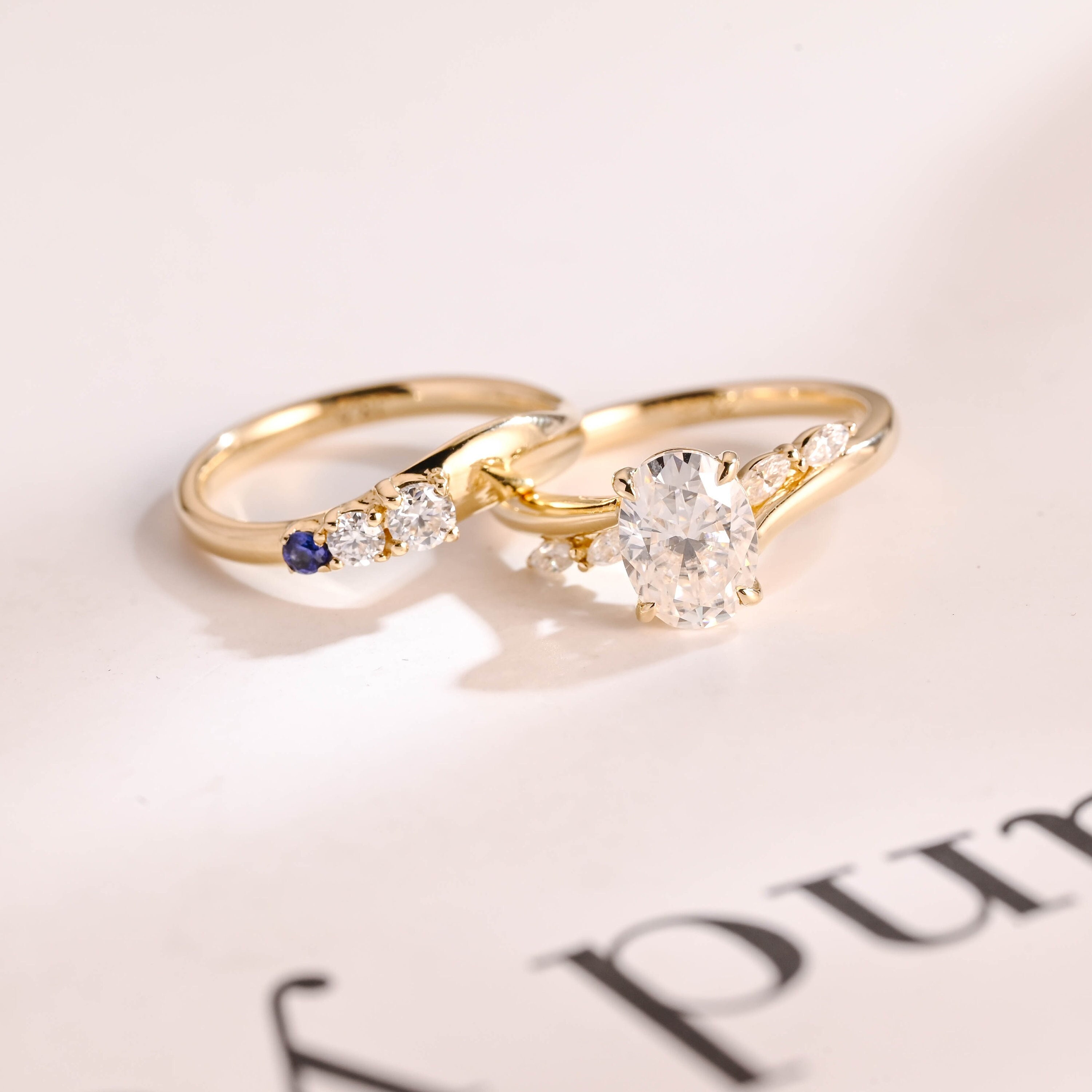 Solid Gold Oval Cut Moissanite Engagement Ring and Wedding Band Set ...