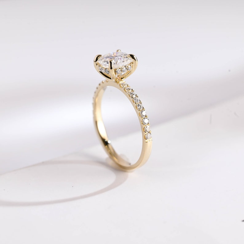 Cushion Moissanite Engagement Ring/ Solitaire Half Pave & Hidden Halo Ring/ Anniversary Gift/ 9K/14K/18K Solid Gold Promise Ring for Her image 5