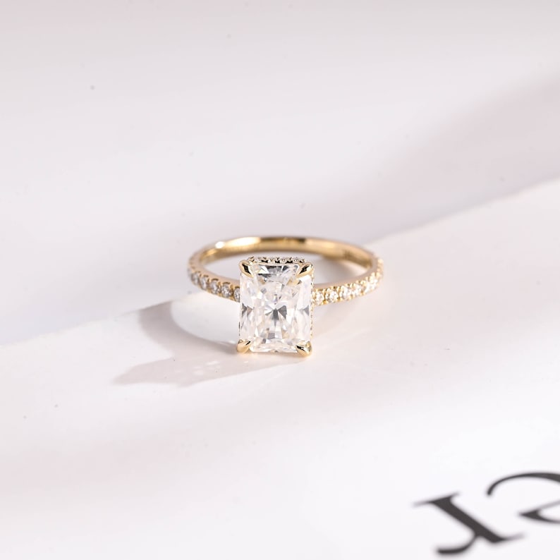 9K/14K/18K Solid Gold Radiant Cut Moissanite Engagement Ring/ Anniversary Gift for Women/ Half Pave & Hidden Halo Promise Ring for Her image 1