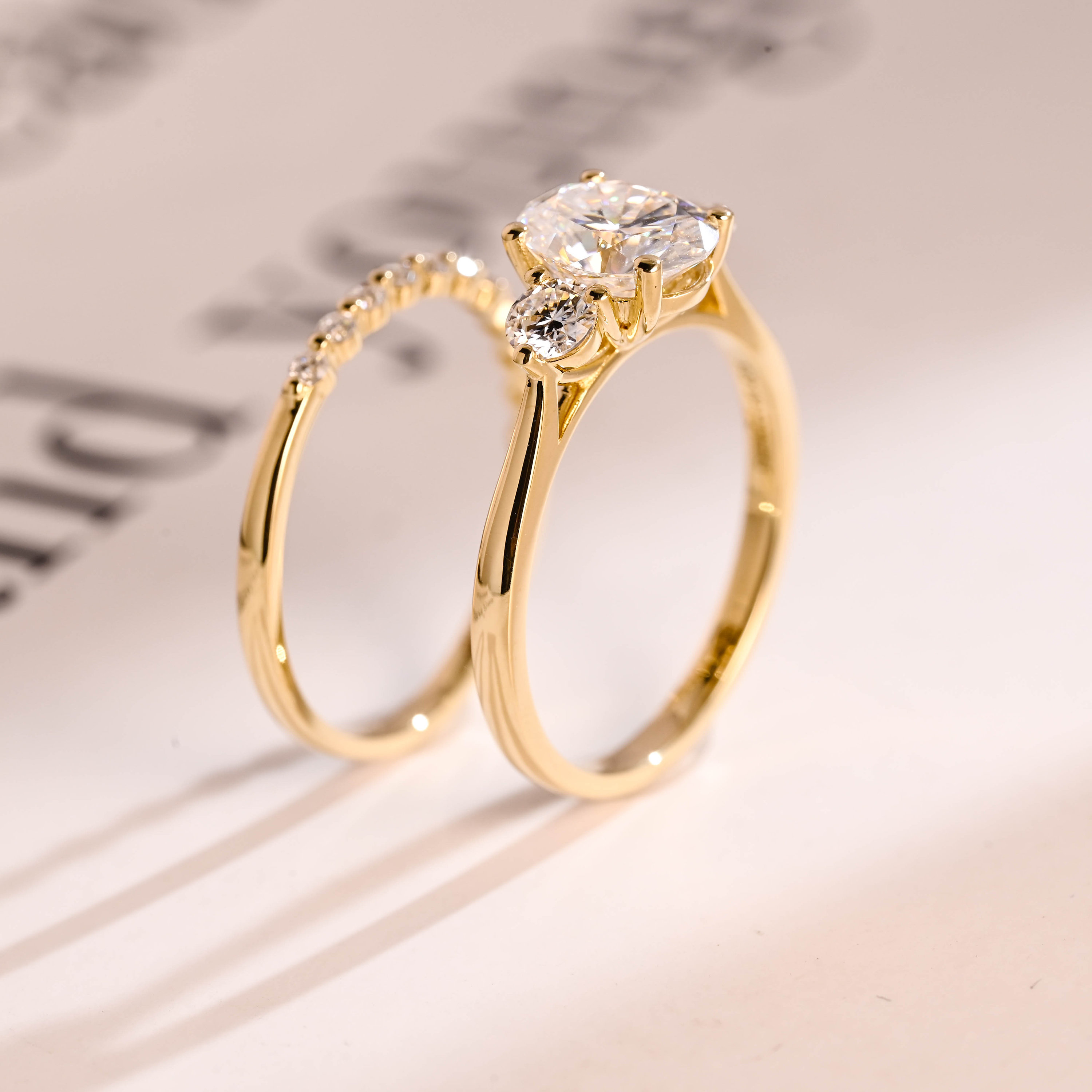 Three Stone Oval Moissanite Engagement Ring Set, Solid Gold Wedding ...
