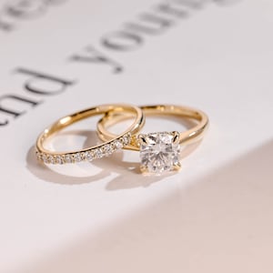 Solid Gold Cushion Cut Moissanite Wedding Band Set/ Anniversary Gift/ Promise Ring/ Christmas Gift/ Birthday Gift for Her, Women, Wife