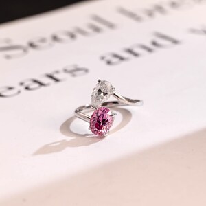 Toi et Moi Solid Gold Pear Cut Moissanite & Oval Cut Pink Lab Grown Sapphire Engagement Ring, Double Stone Promise Ring, Proposal Ring