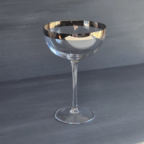 Vintage silver rimmed stemmed champagne glass Dorothy Thorpe style